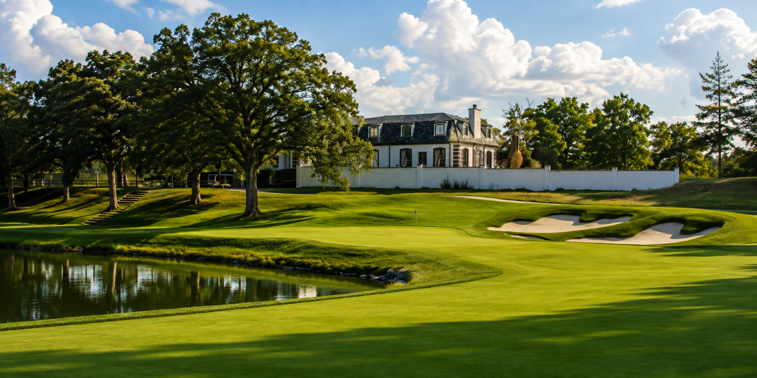The 18th green threatens you with water, but also beckons you with food and drink in the historic clubhouse just behind it.